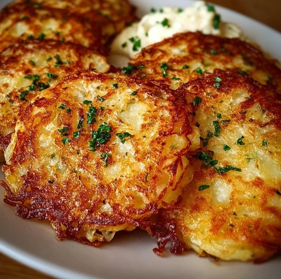 Crispy German potato pancakes served with apple sauce and herbs.
