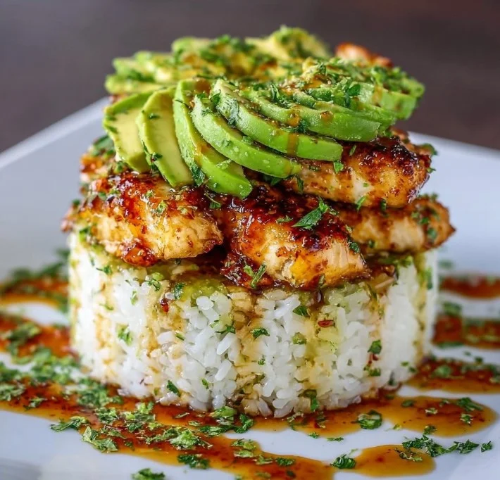 Gluten-free honey lime chicken and avocado rice stack dish.