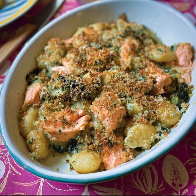 Gnocchi salmon bake garnished with herbs, served in a cozy dish