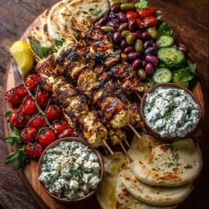 Greek chicken souvlaki grazing board with feta dip and assorted appetizers
