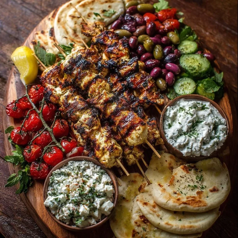 Greek chicken souvlaki grazing board with feta dip and assorted appetizers