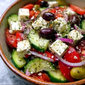 Colorful Greek salad with tomatoes, cucumbers, olives, and feta cheese