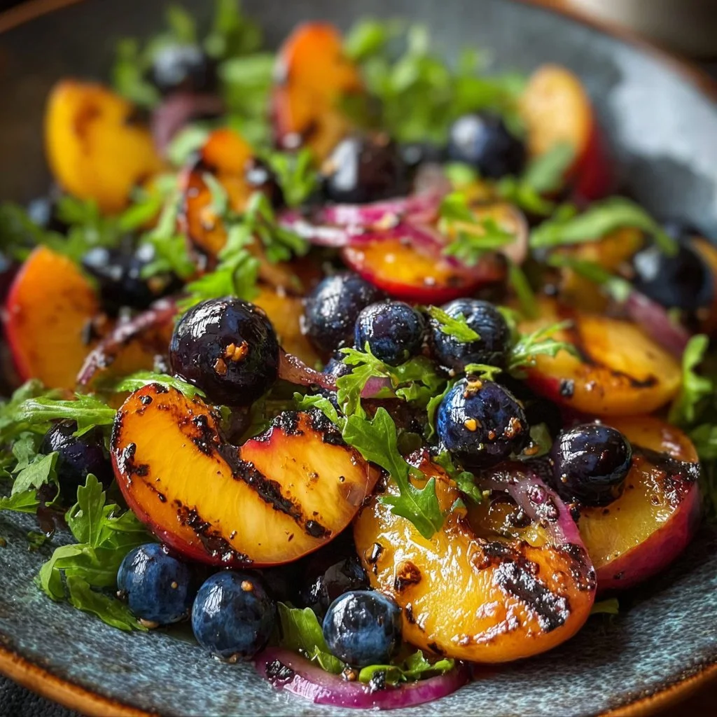 Delicious Grilled Peach Blueberry Salad with fresh ingredients on a plate