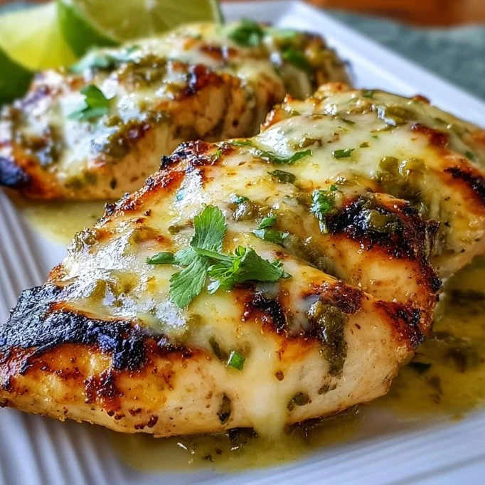 Grilled salsa verde chicken topped with pepper jack cheese on a plate.