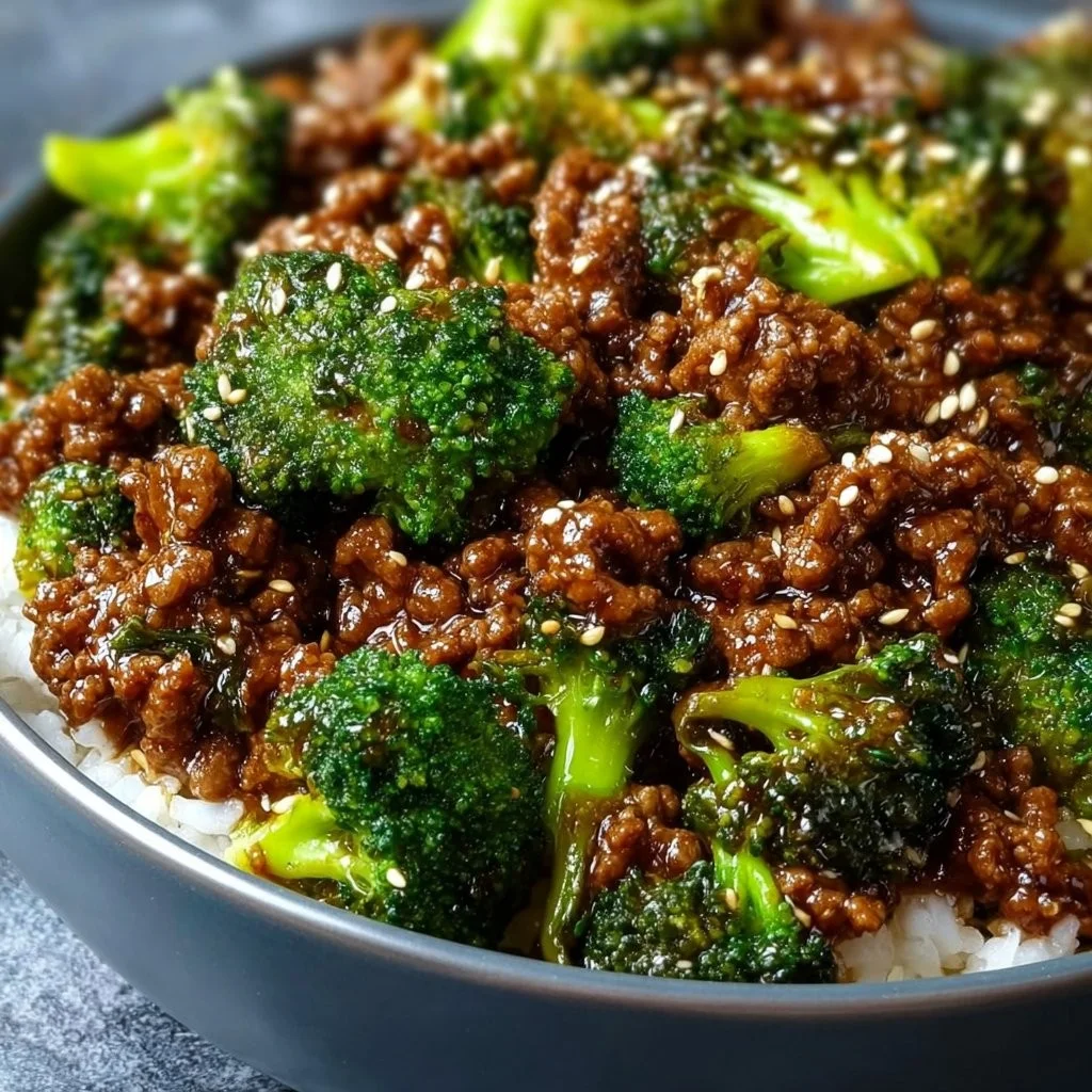 Plate of ground beef and broccoli stir-fry with rice.