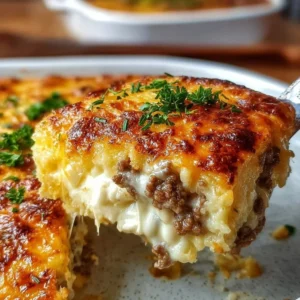 Delicious ground beef casserole with melted cheese and vegetables