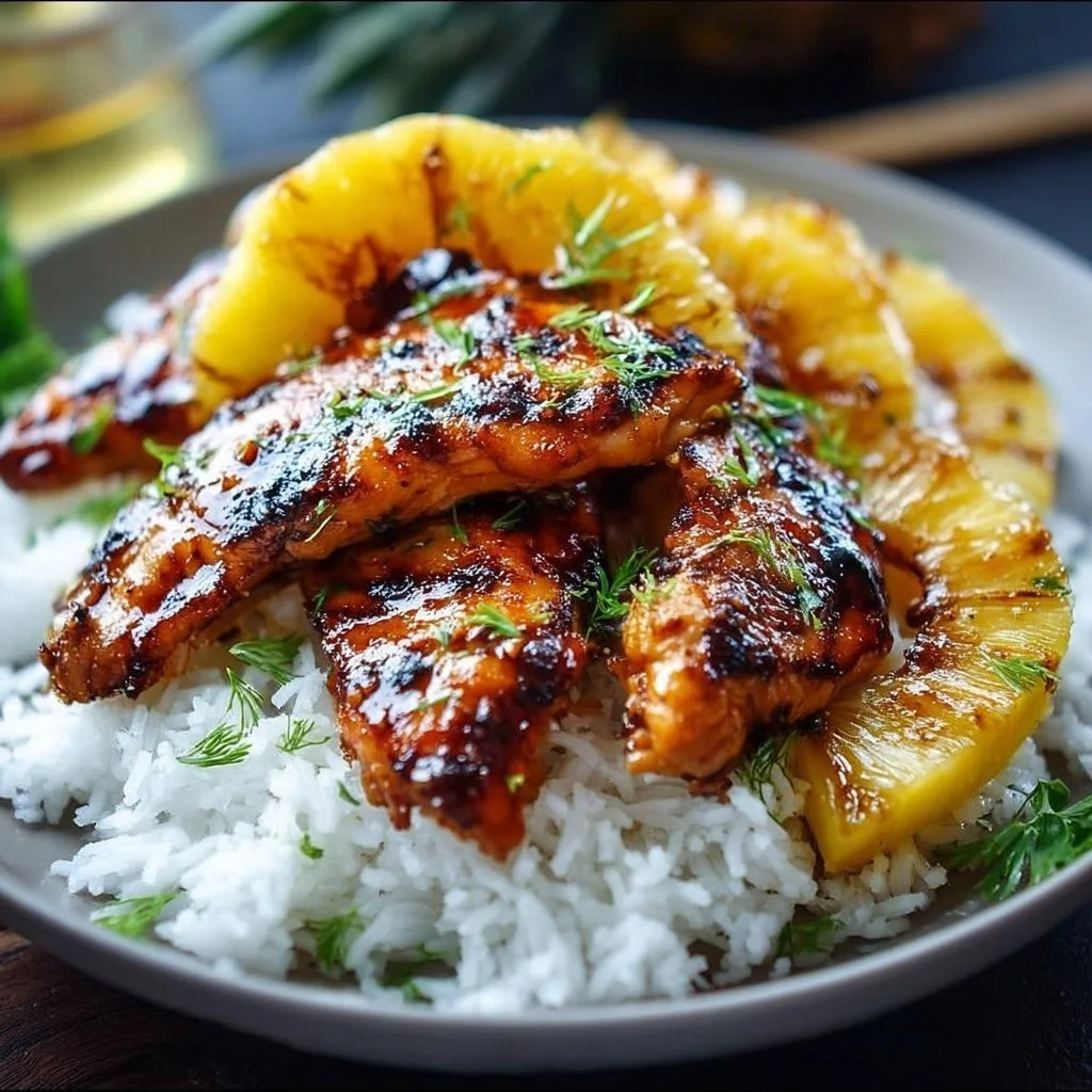 Hawaiian Chicken topped with pineapple served with coconut rice