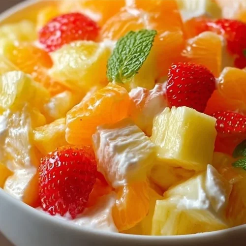 Delicious Hawaiian fruit salad with tropical fruits like pineapple and mango.