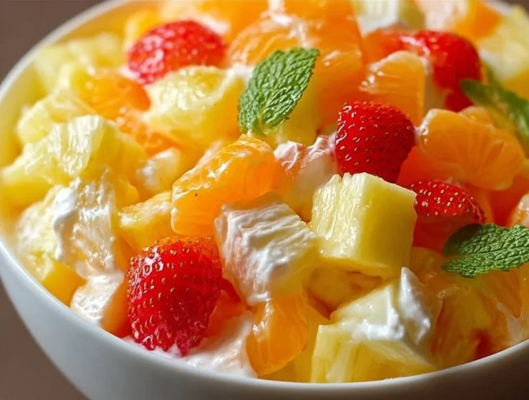 Delicious Hawaiian fruit salad with tropical fruits like pineapple and mango.