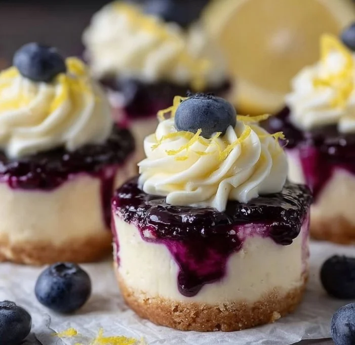 Healthy mini lemon blueberry cheesecakes topped with fresh blueberries