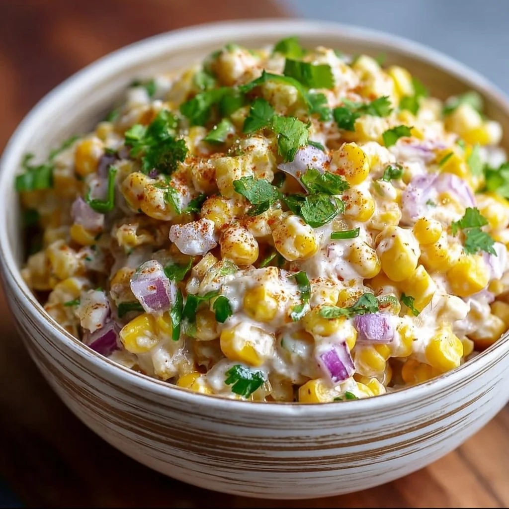 Healthy street corn salad topped with Greek yogurt and fresh vegetables
