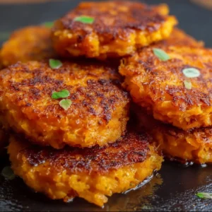 Healthy baked sweet potato hash browns piled on a plate with herbs.