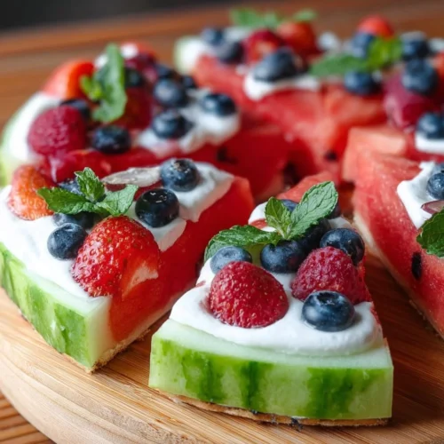 Healthy watermelon fruit pizza topped with fresh fruit and yogurt drizzle.