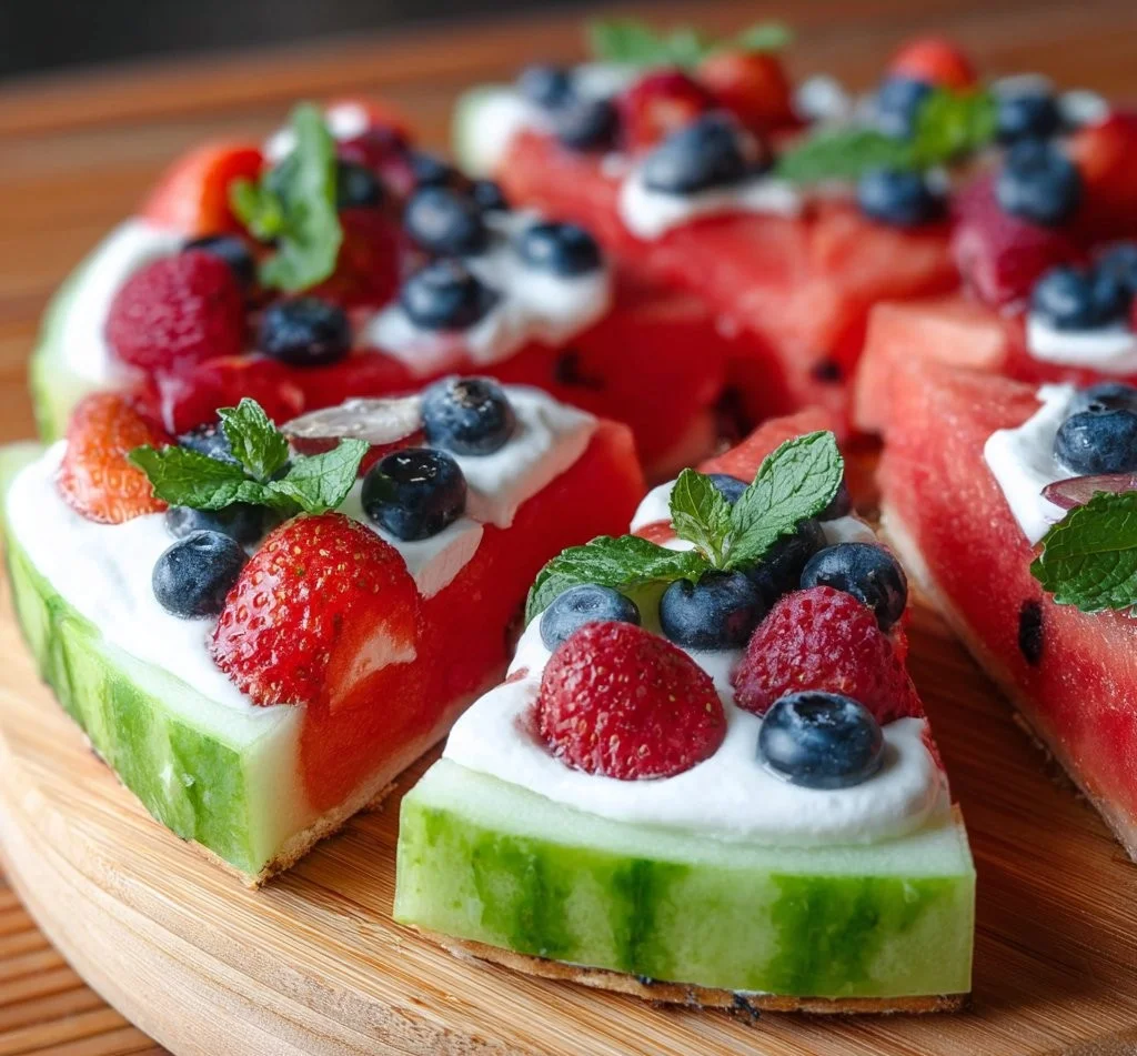 Healthy watermelon fruit pizza topped with fresh fruit and yogurt drizzle.