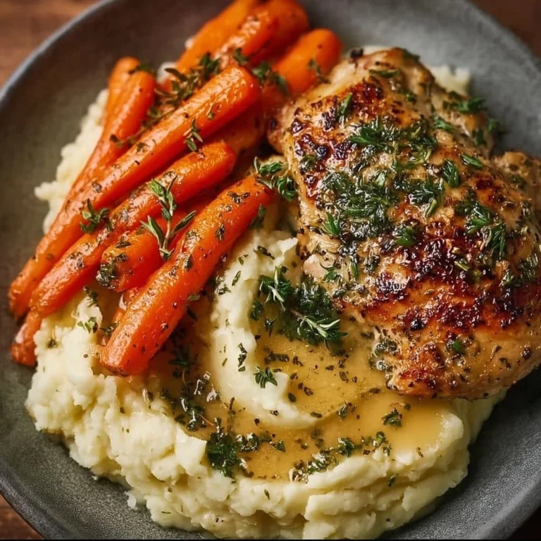 Plate of Herb Chicken served with mashed potatoes and honey glazed carrots