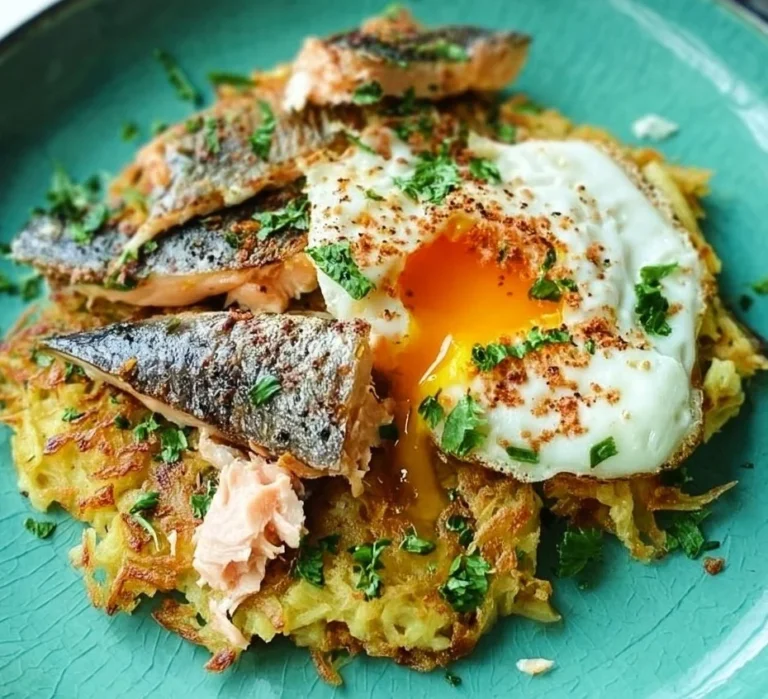 Herby Hash Browns served with eggs and mackerel on a plate