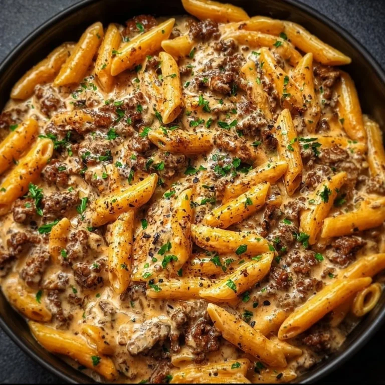 High protein creamy beef pasta dish served in a bowl