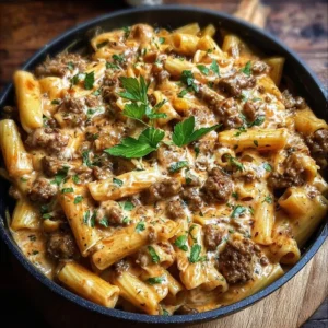 High protein creamy beef pasta dish served in a bowl with herbs