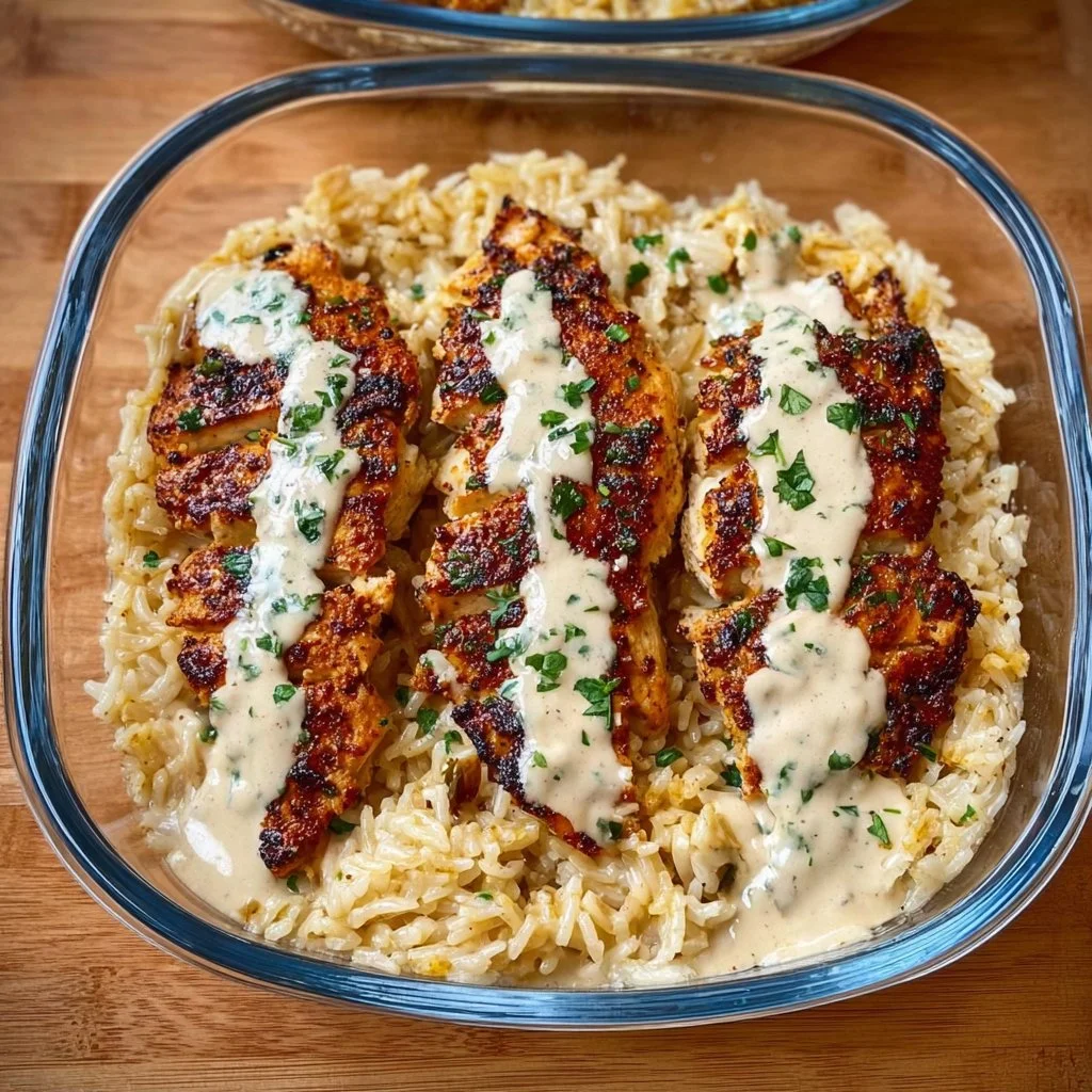 High Protein Creamy Cajun Chicken served with rice in a bowl