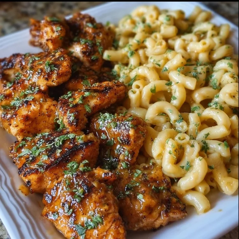 High-protein honey garlic butter chicken served with mac and cheese.