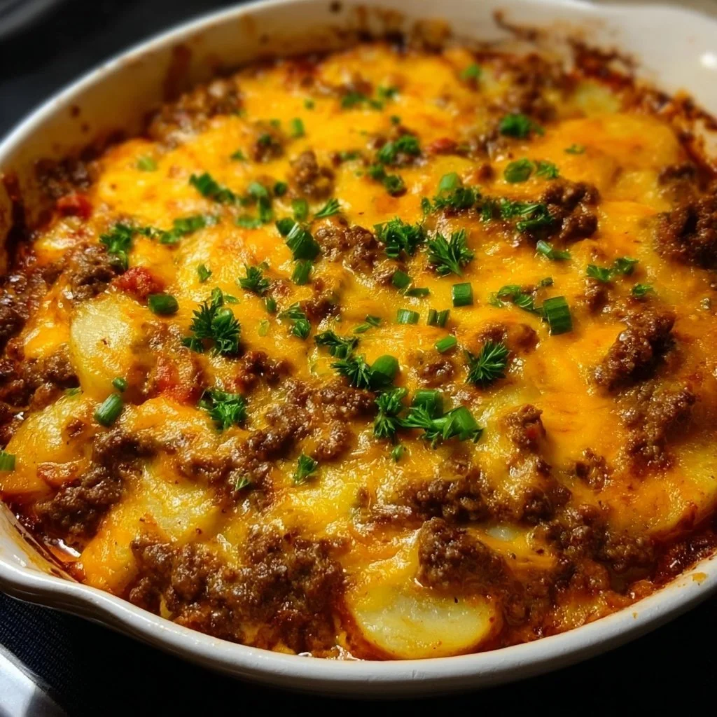 Delicious Hobo Casserole with Ground Beef fresh out of the oven