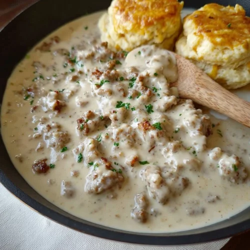 Plate of homemade biscuits and gravy served with sausage and herbs