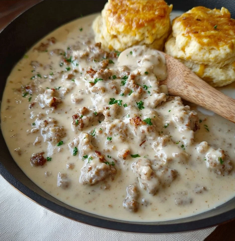 Home Plate of homemade biscuits and gravy served with sausage and herbs