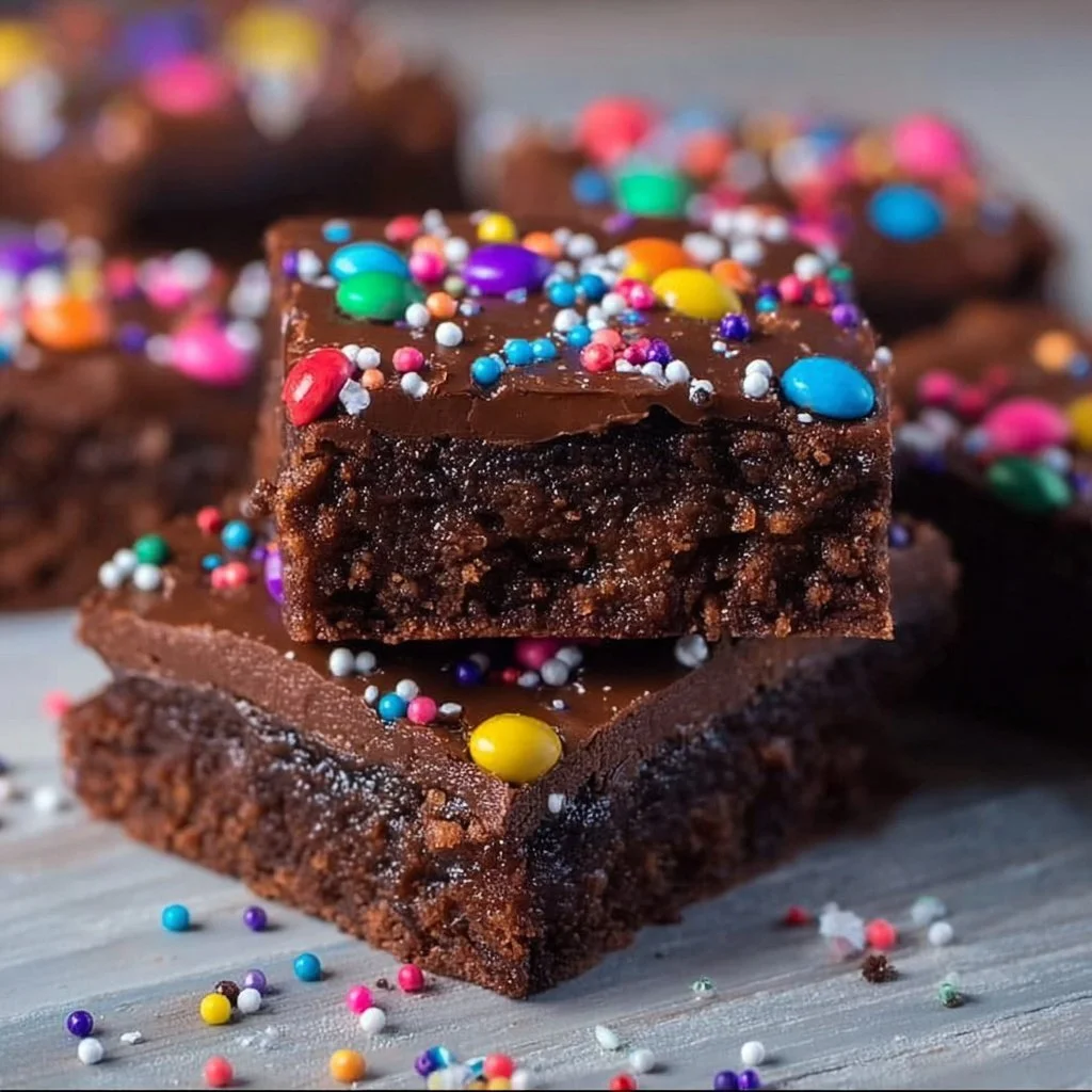 Delicious homemade cosmic brownies topped with chocolate and colorful sprinkles
