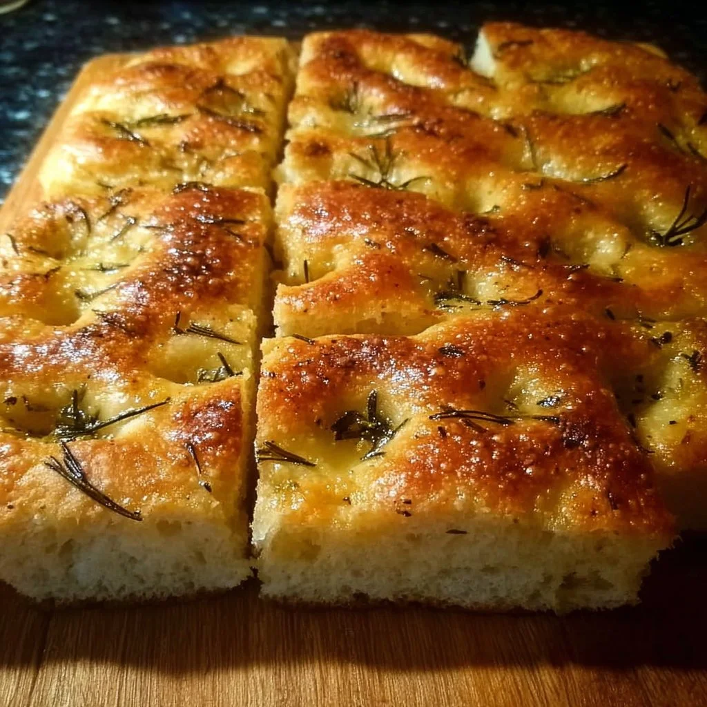 Homemade focaccia bread topped with herbs and olive oil, fresh out of the oven.