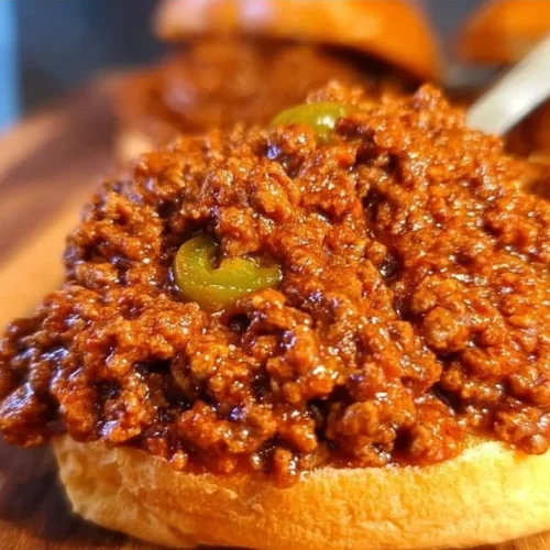 Homemade sloppy joes on a bun with toppings, a delicious family meal.