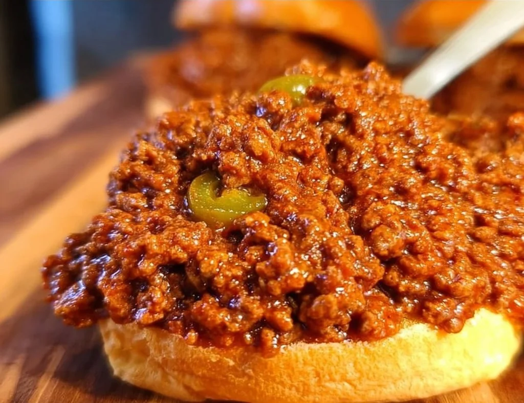 Homemade sloppy joes on a bun with toppings, a delicious family meal.