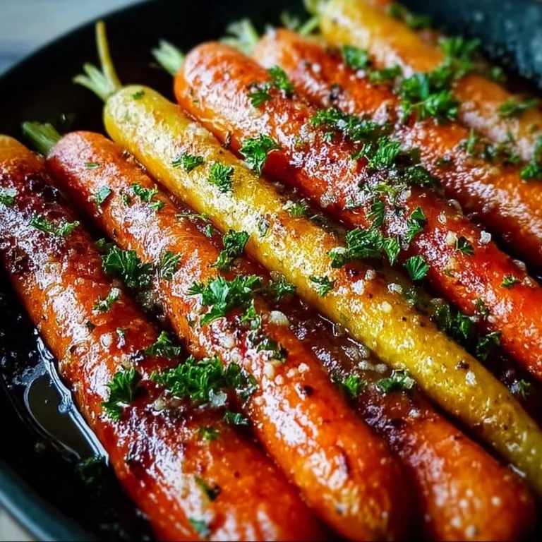 Delicious honey garlic butter roasted carrots, golden and caramelized, on a serving plate.