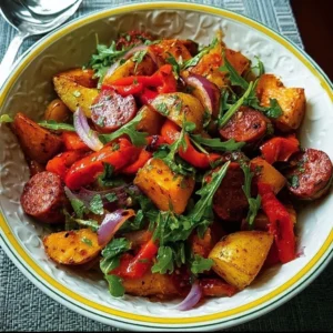 Hot Potato, Chorizo and Pepper Salad Hot Potato, Chorizo and Pepper Salad served in a bowl