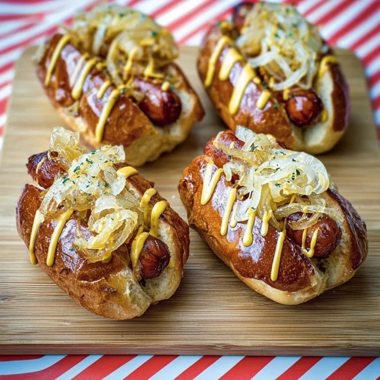 Hot potato dogs topped with maple onions on a serving plate.