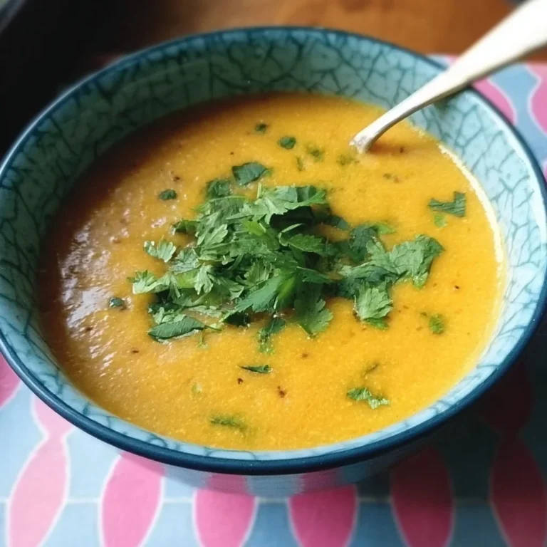 Bowl of Indian sweet potato and red lentil soup garnished with herbs