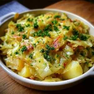 A traditional plate of Irish Cabbage and Potato, showcasing vibrant colors and textures.