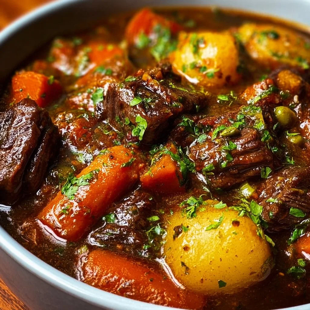 A delicious bowl of Irish Guinness Beef Stew with tender beef and vegetables.