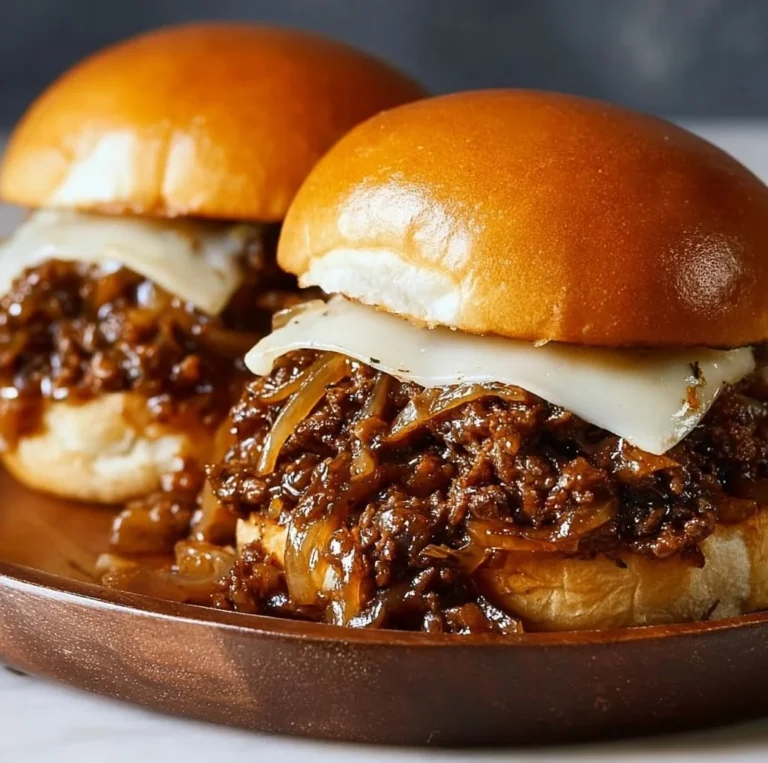 Delicious French Onion Beef Sloppy Joes served on a plate with toppings