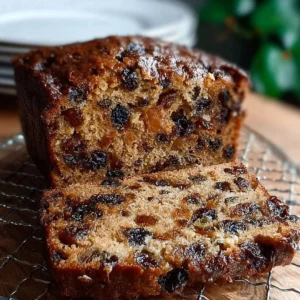 A freshly baked slice of moist Irish Barmbrack on a wooden cutting board.