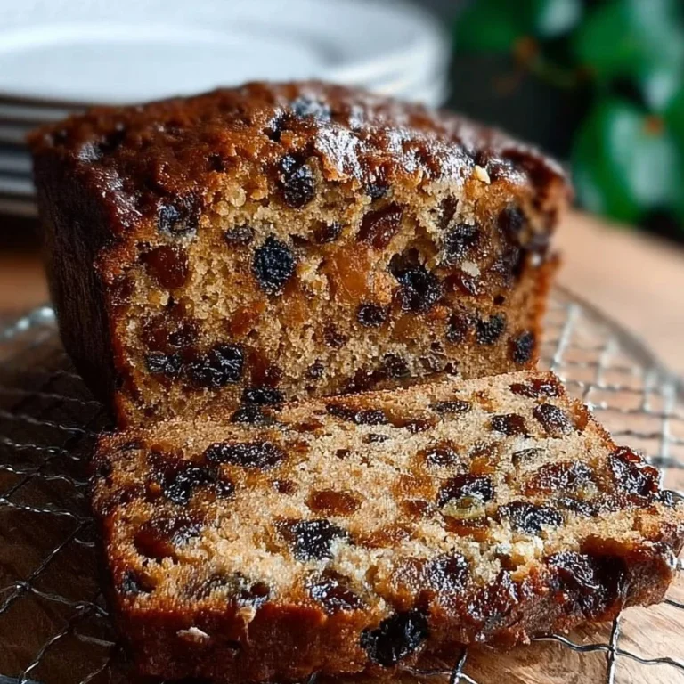 A freshly baked slice of moist Irish Barmbrack on a wooden cutting board.