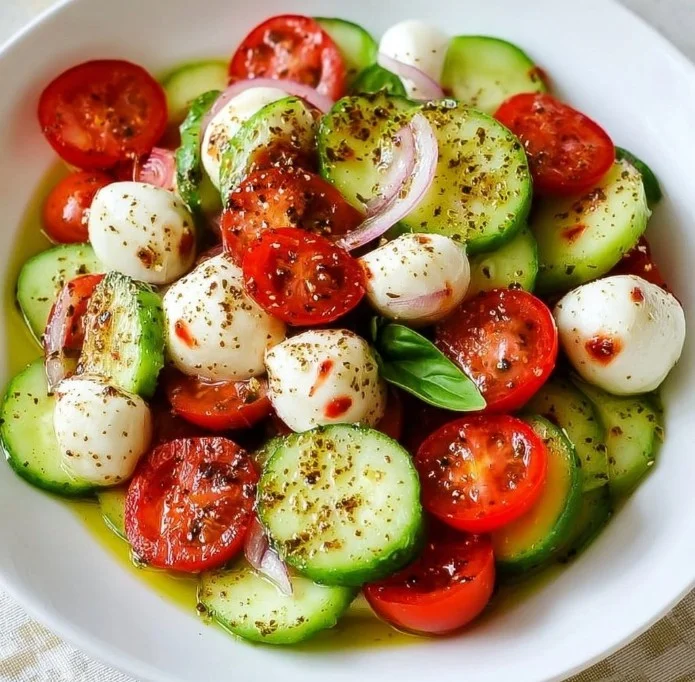 Juicy Cucumber Caprese Salad with tomatoes and mozzarella