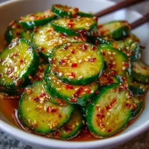 Korean Cucumber Salad served in a bowl, garnished with sesame seeds and spices.