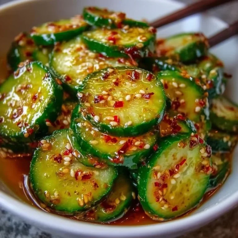Korean Cucumber Salad served in a bowl, garnished with sesame seeds and spices.