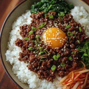 Korean Ground Beef Bowl topped with vegetables and sesame seeds