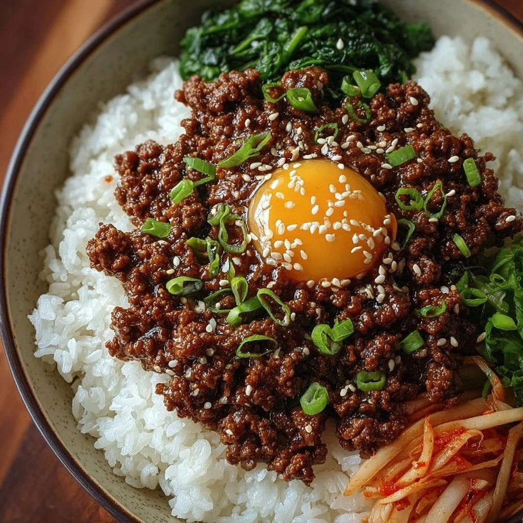 Korean Ground Beef Bowl topped with vegetables and sesame seeds