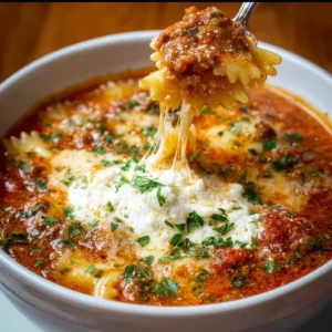 A bowl of delicious Lasagna Soup with layers of cheese and pasta.