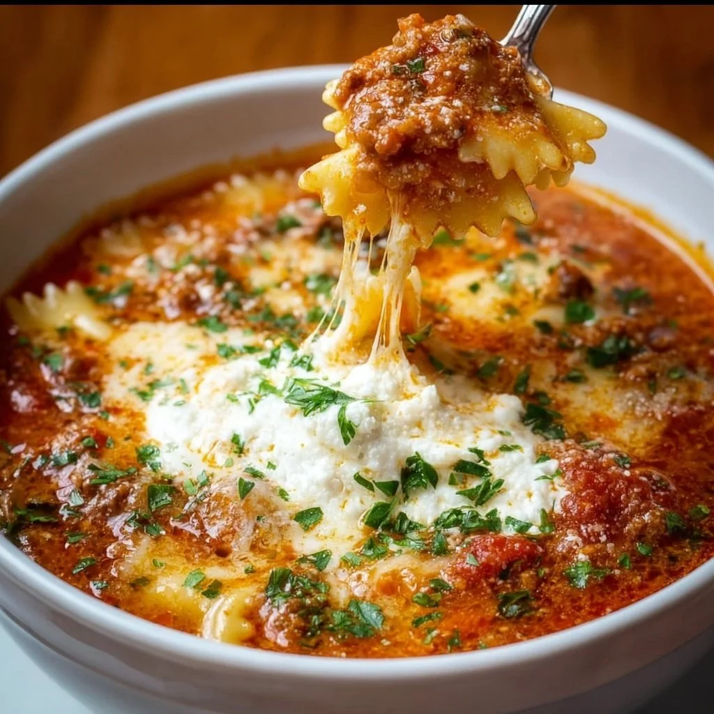 A bowl of delicious Lasagna Soup with layers of cheese and pasta.