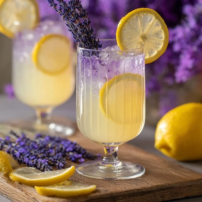 Lavender Limoncello Spritz cocktail in a glass with lavender garnish