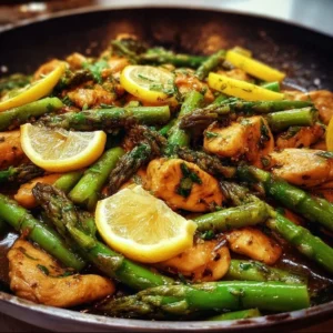 Lemon chicken asparagus stir-fry with vibrant veggies in a skillet