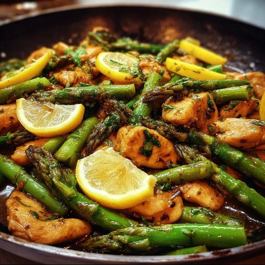 Lemon chicken asparagus stir-fry with vibrant veggies in a skillet